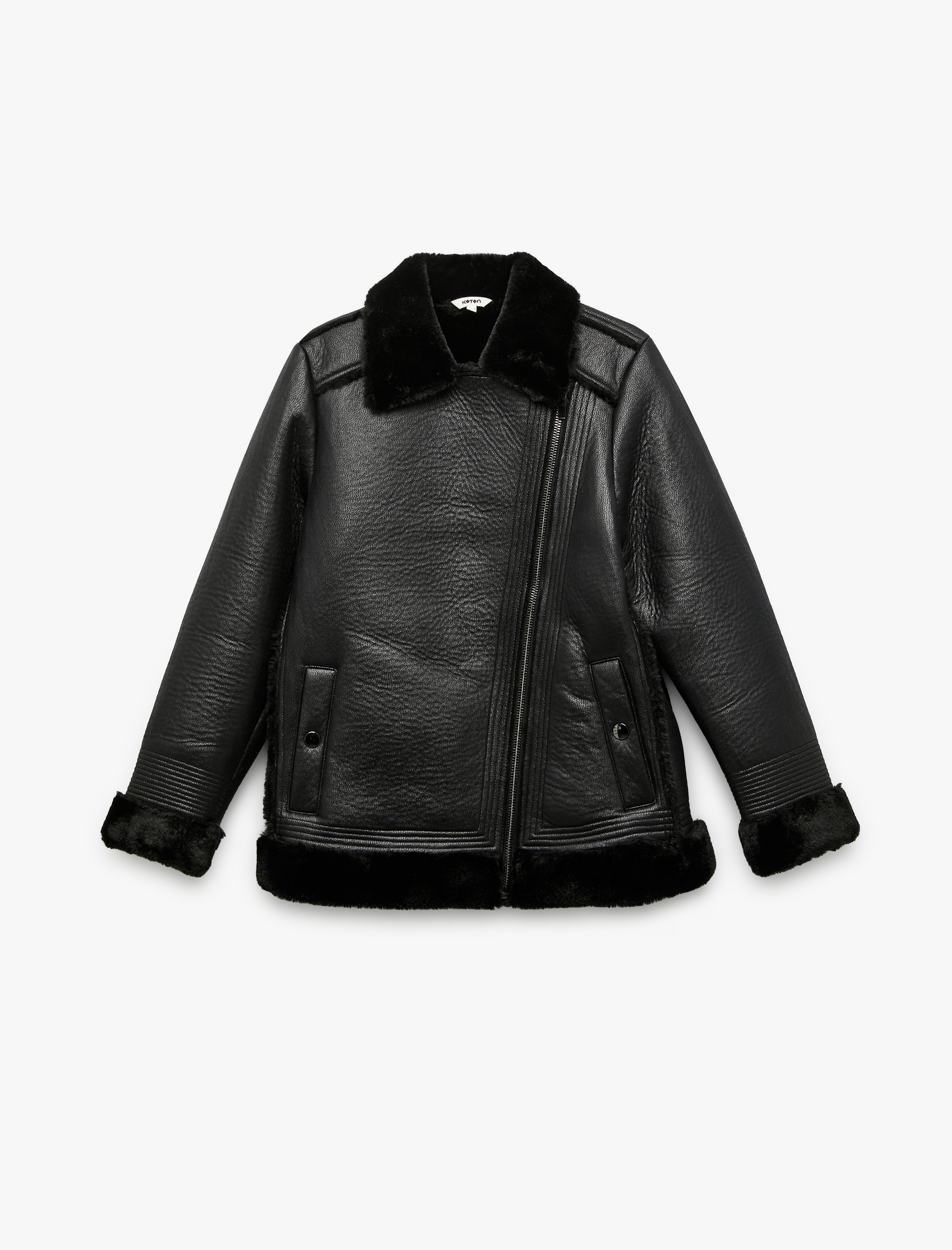   Peluş Astarlı Uzun Kollu Yakası Suni Kürklü Kruvaze Deri Görünümlü Ceket