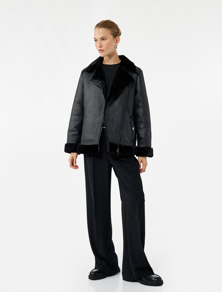  Peluş Astarlı Uzun Kollu Yakası Suni Kürklü Kruvaze Deri Görünümlü Ceket