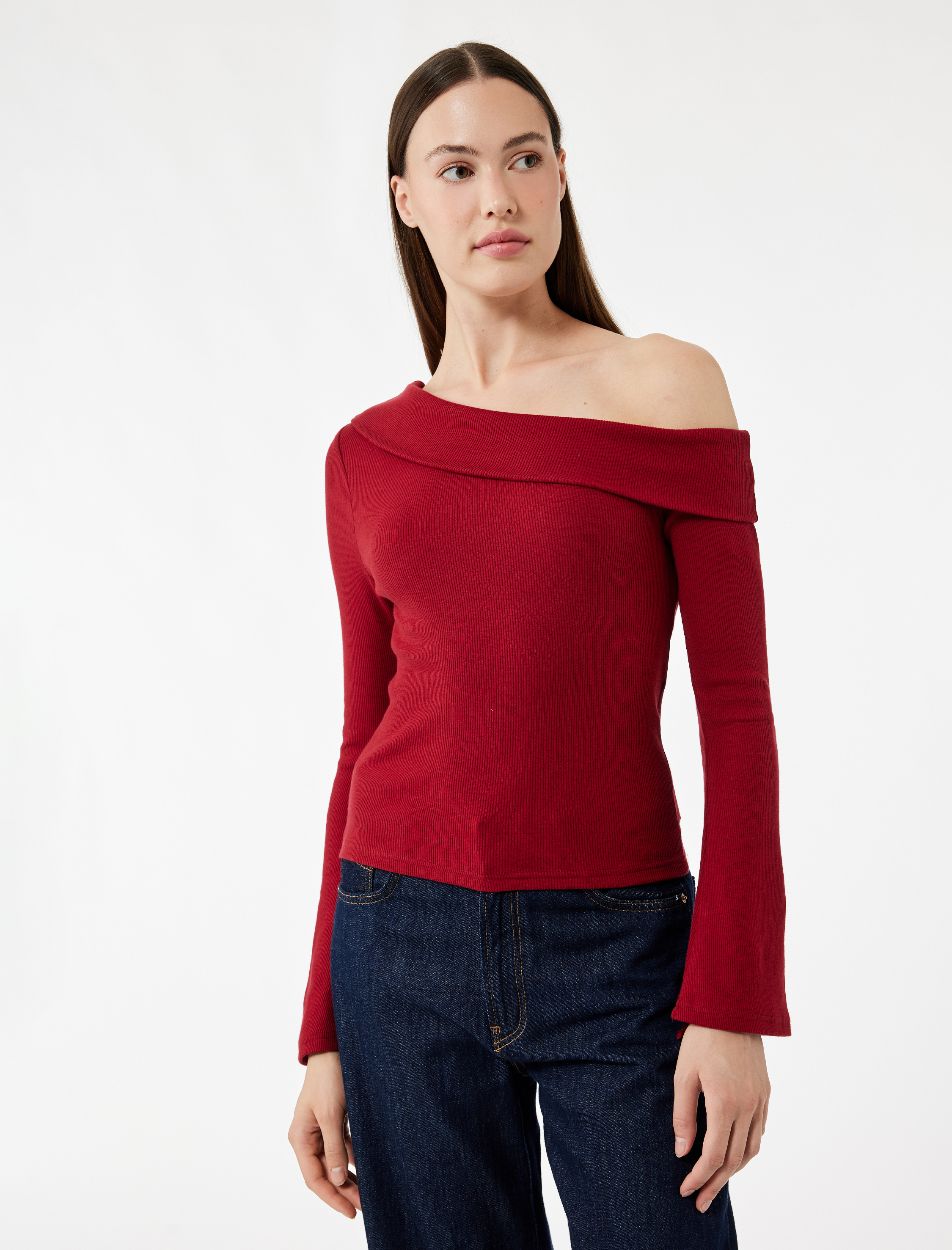   Pamuklu Slim Fit Uzun İspanyol Kollu Omzu Açık Tişört