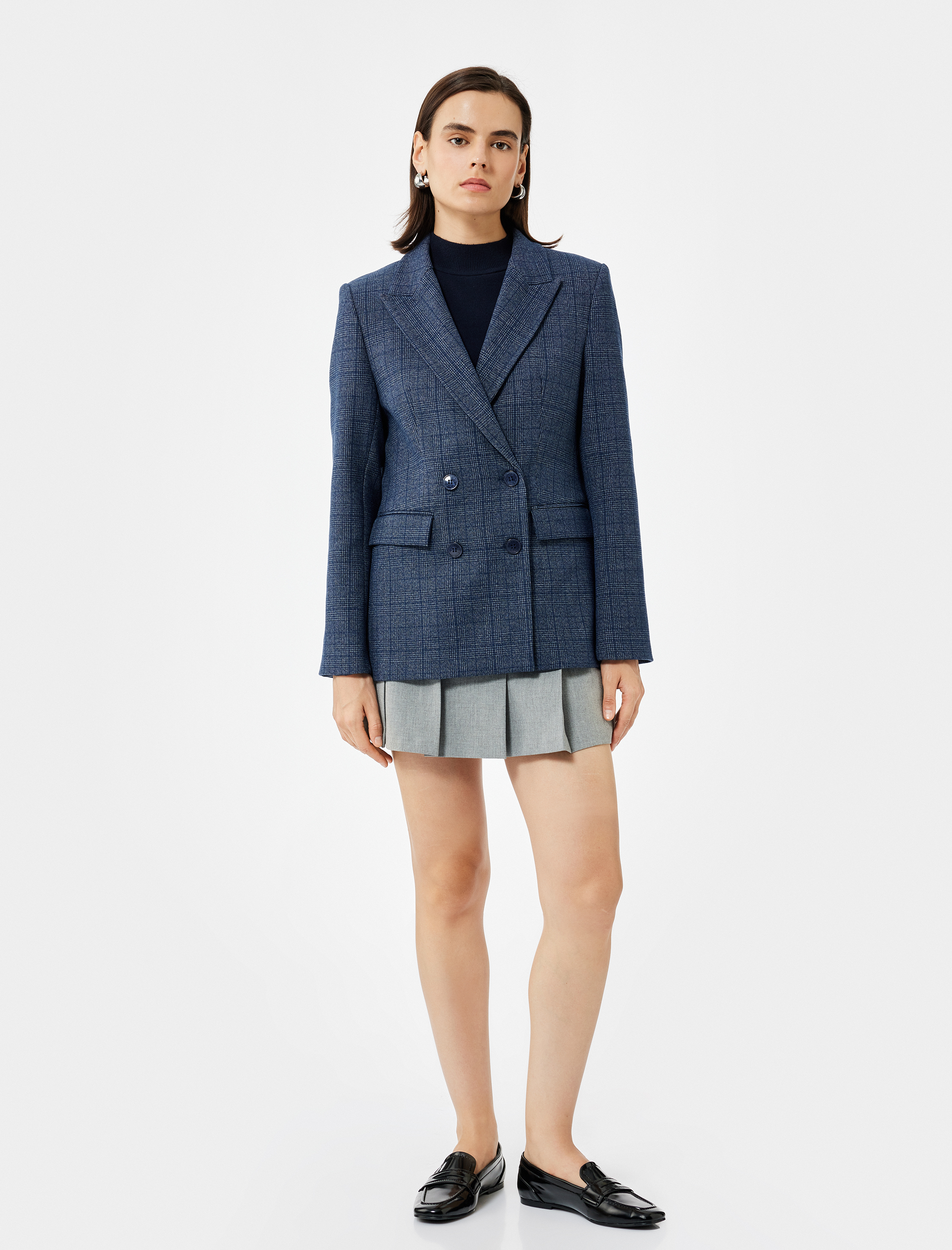   Cepli Uzun Kollu Ekose Kruvaze Blazer Ceket