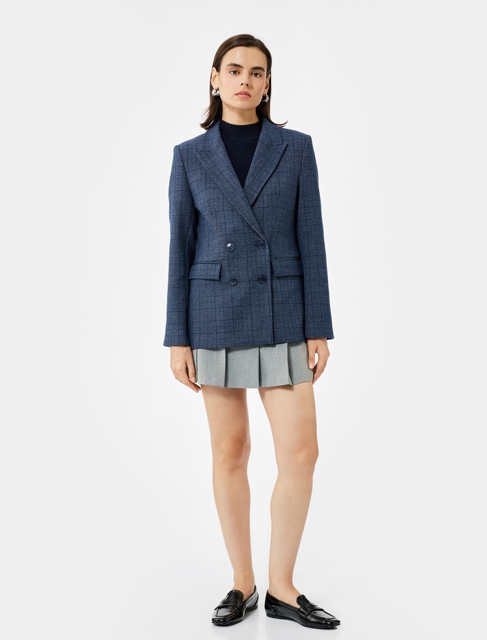  Cepli Uzun Kollu Ekose Kruvaze Blazer Ceket