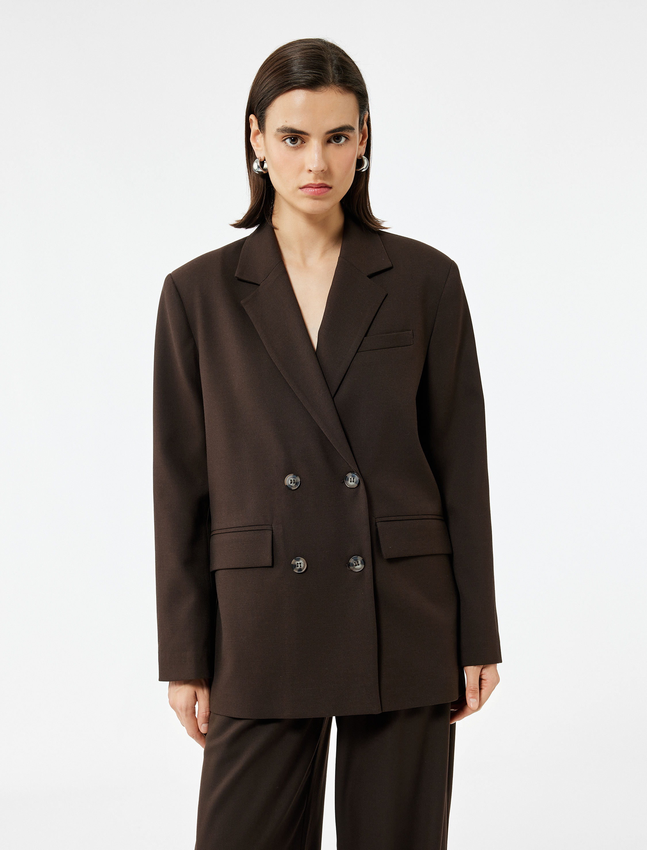   Cepli Uzun Kollu Kruvaze Oversize Blazer Ceket