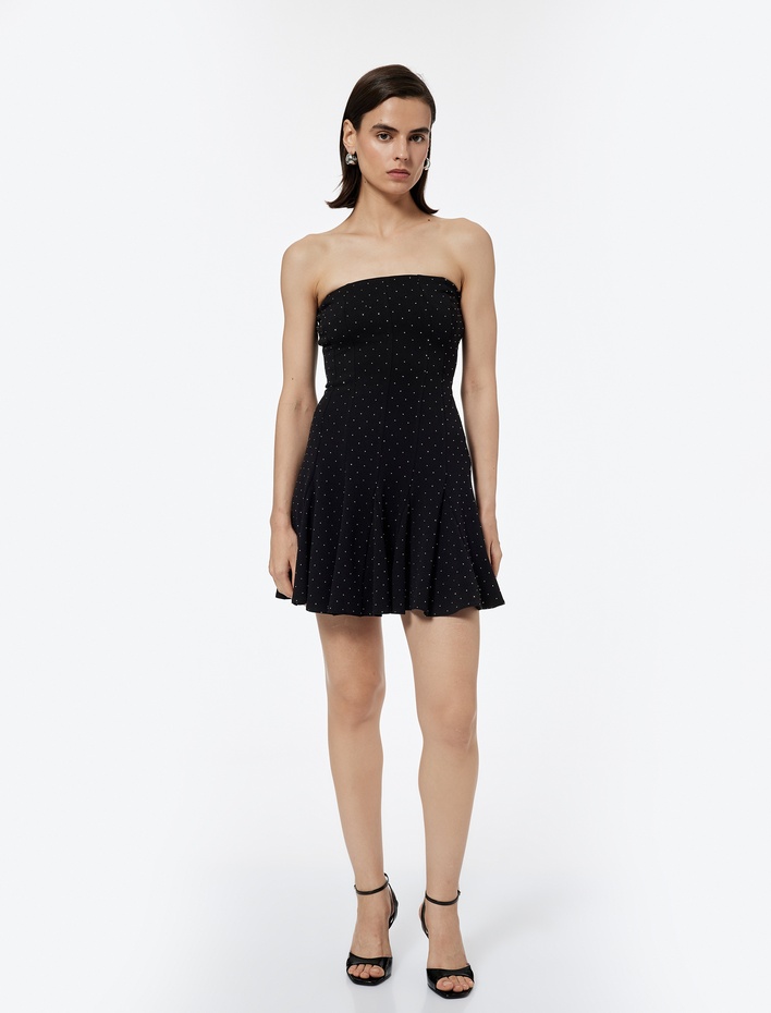  Straplez Kolsuz Volanlı Taşlı Astarlı Mini Abiye Elbise