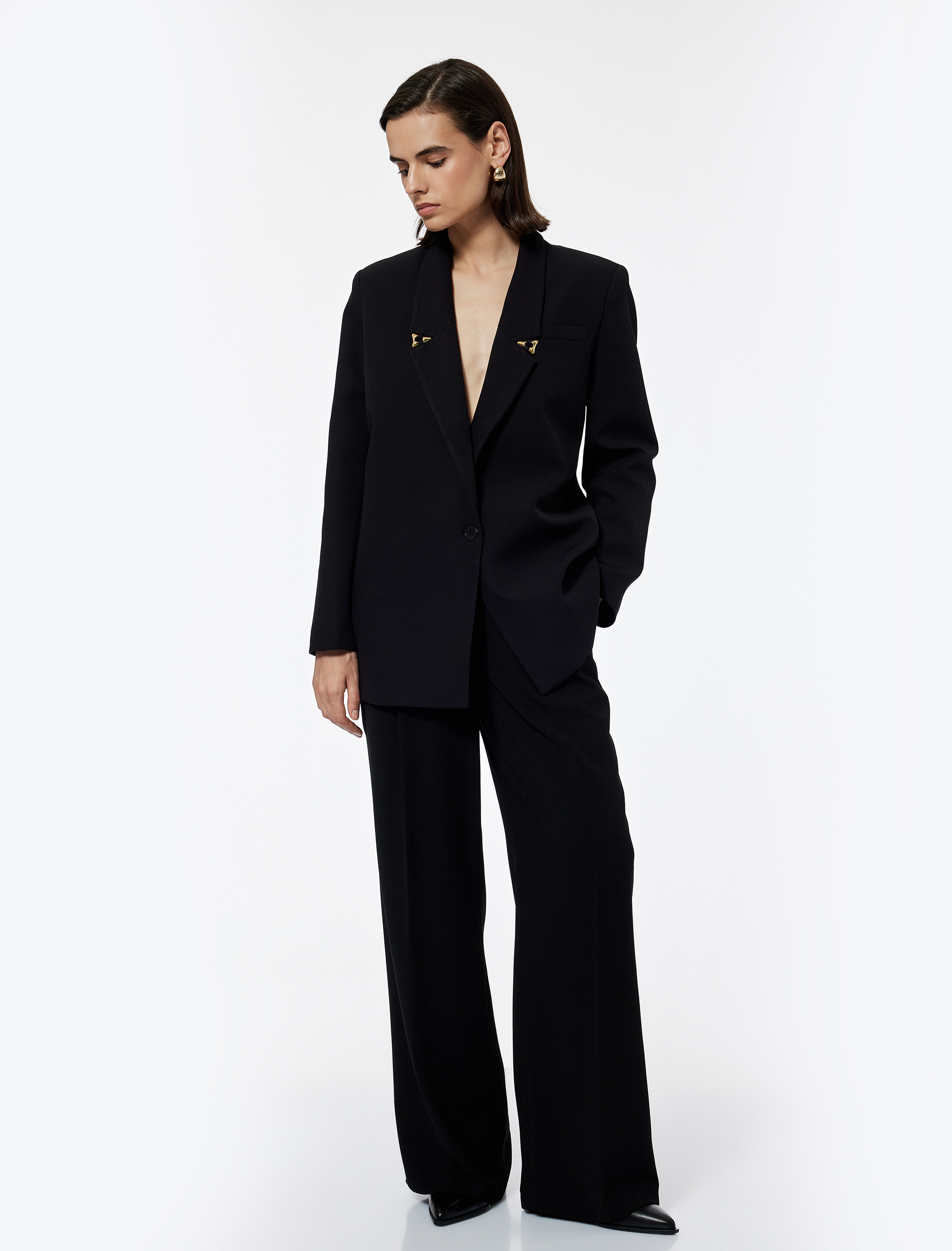   Pile Detaylı Cepli Geniş Paça Uzun Palazzo Pantolon