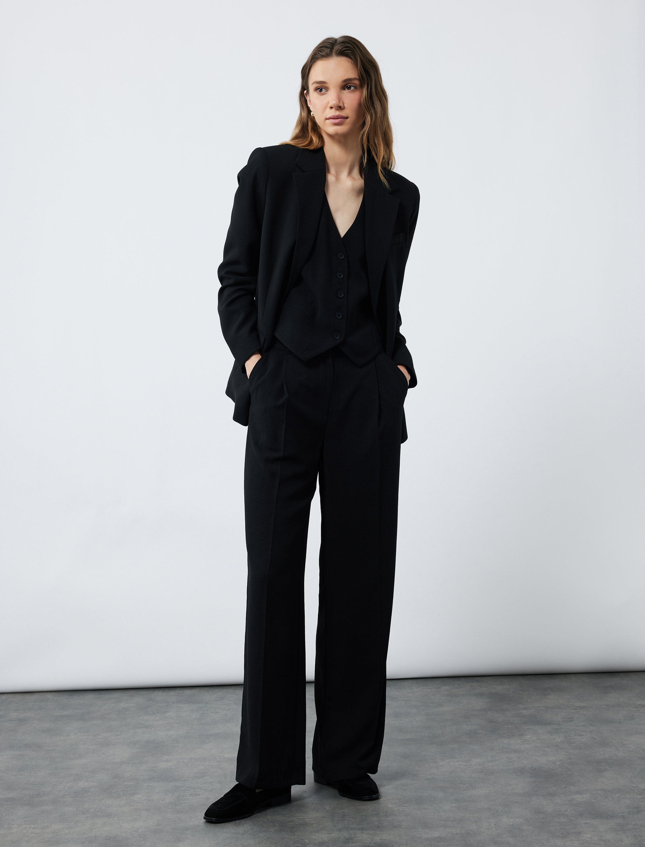   Pile Detaylı Cepli Geniş Paça Uzun Palazzo Pantolon