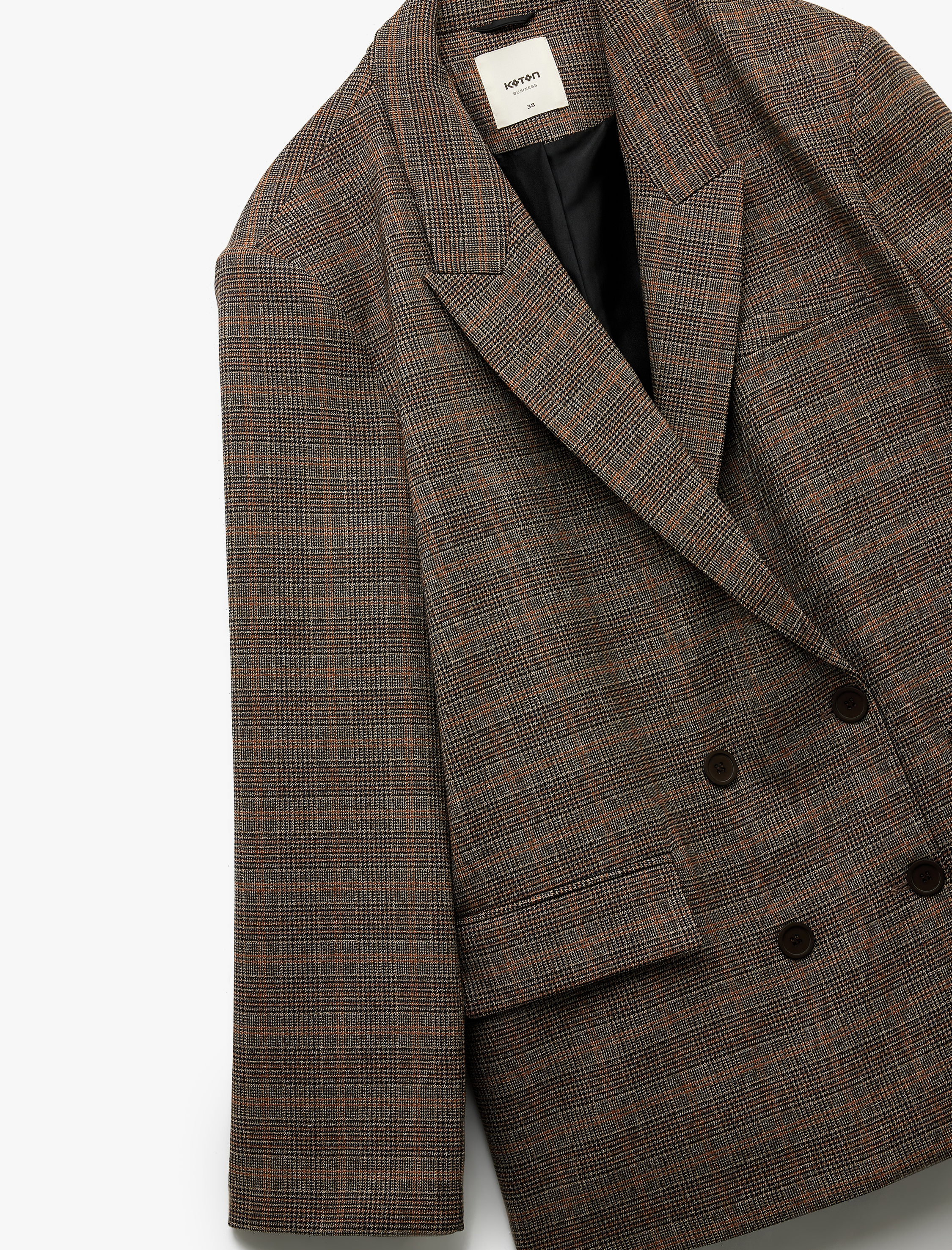   Kapaklı Cep Detaylı Düğmeli Uzun Kollu Kruvaze Ekose Blazer Ceket