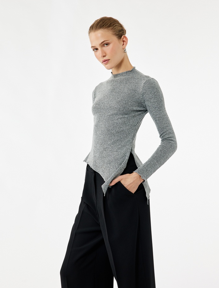  Uzun Kollu Dik Yaka Asimetrik Bağlama Detaylı Bluz