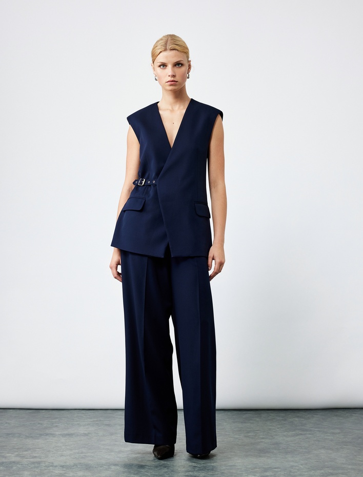  Cepli Pile Detaylı Yüksek Bel Palazzo Kumaş Pantolon