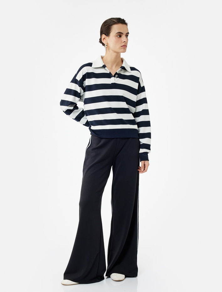  Şardonlu Modal Kumaş Yanları Şerit Detaylı Geniş Paça Eşofman Altı