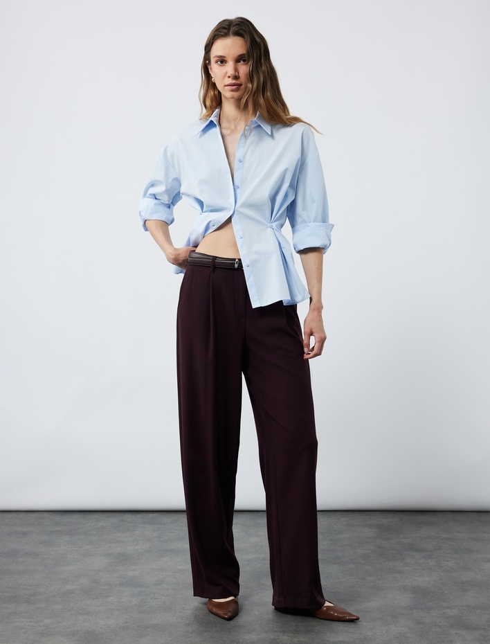  Pamuklu Uzun Kollu Pile Detaylı Düğmeli Oversize Poplin Gömlek