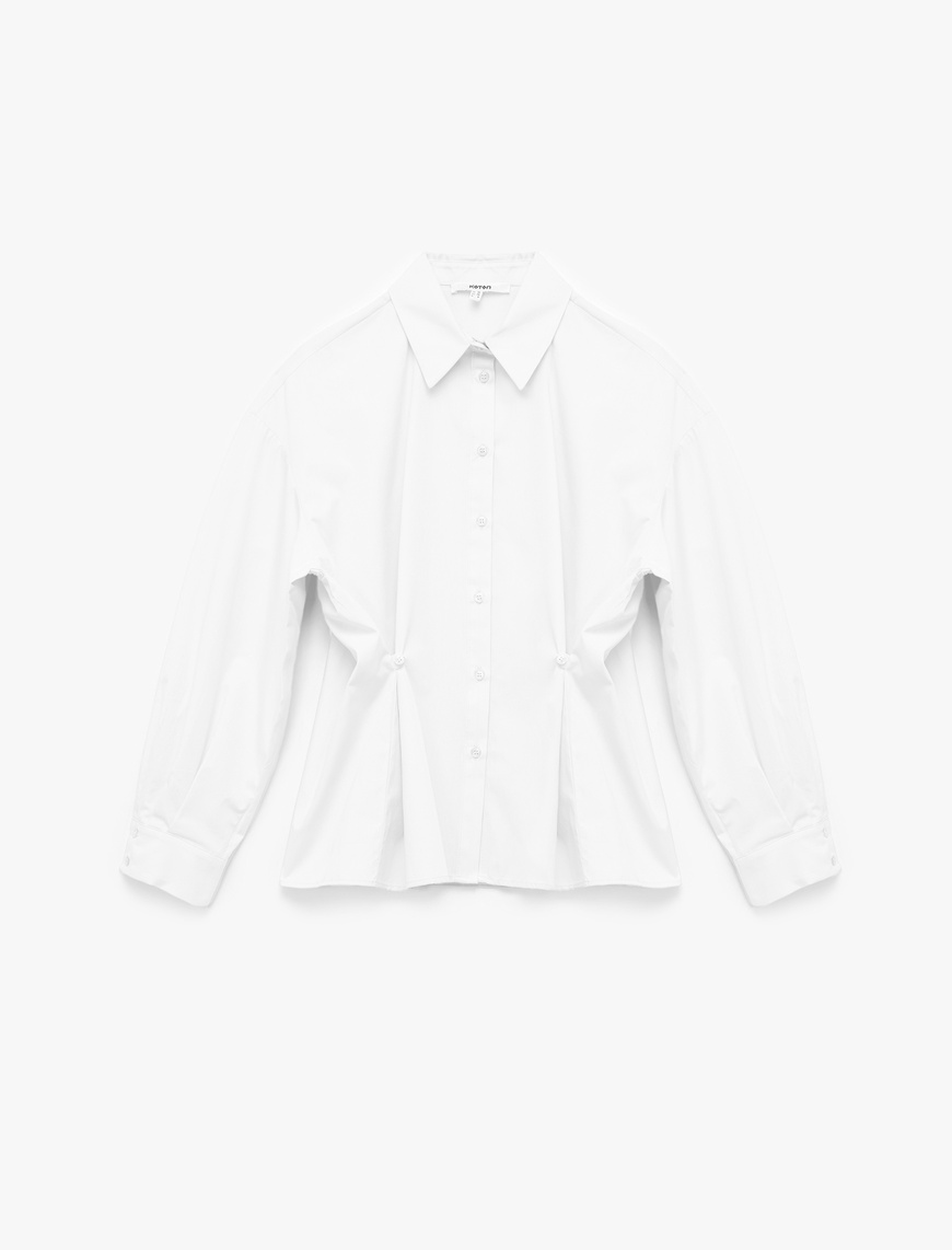   Pamuklu Uzun Kollu Pile Detaylı Düğmeli Oversize Poplin Gömlek