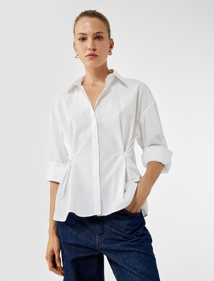  Pamuklu Uzun Kollu Pile Detaylı Düğmeli Oversize Poplin Gömlek