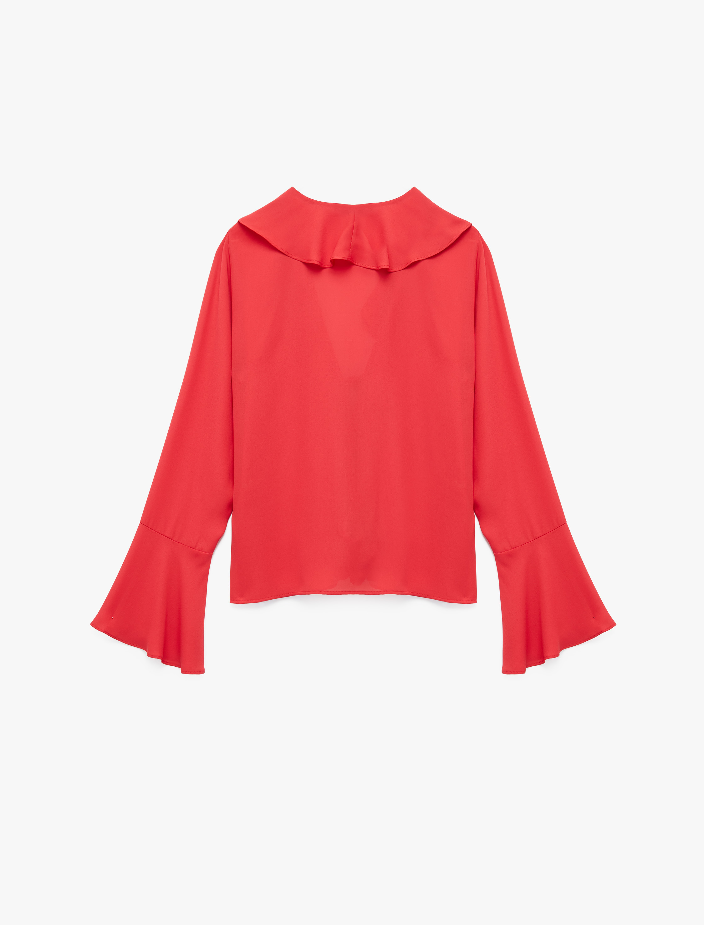   Uzun İspanyol Kollu Önden Bağlama Detaylı V Yaka Fırfırlı Gömlek