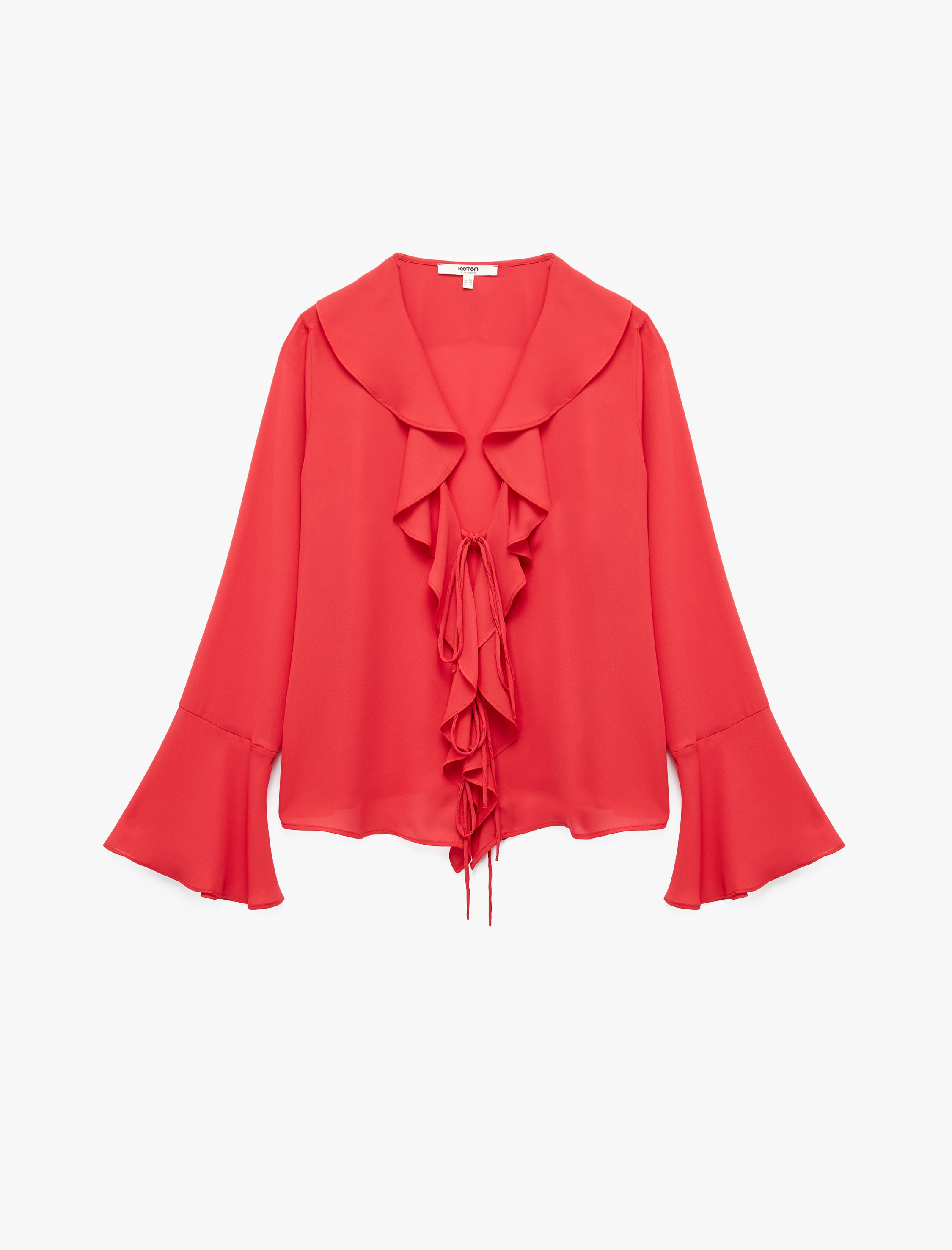   Uzun İspanyol Kollu Önden Bağlama Detaylı V Yaka Fırfırlı Gömlek