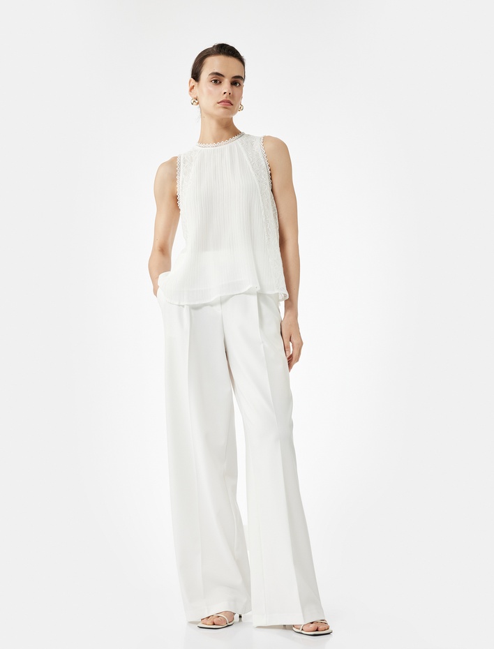  Rahat Kalıp Bisiklet Yaka Dantelli Tül Kolsuz Bluz