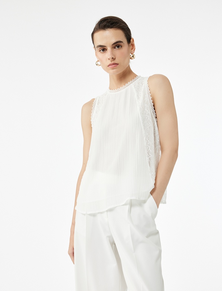  Rahat Kalıp Bisiklet Yaka Dantelli Tül Kolsuz Bluz