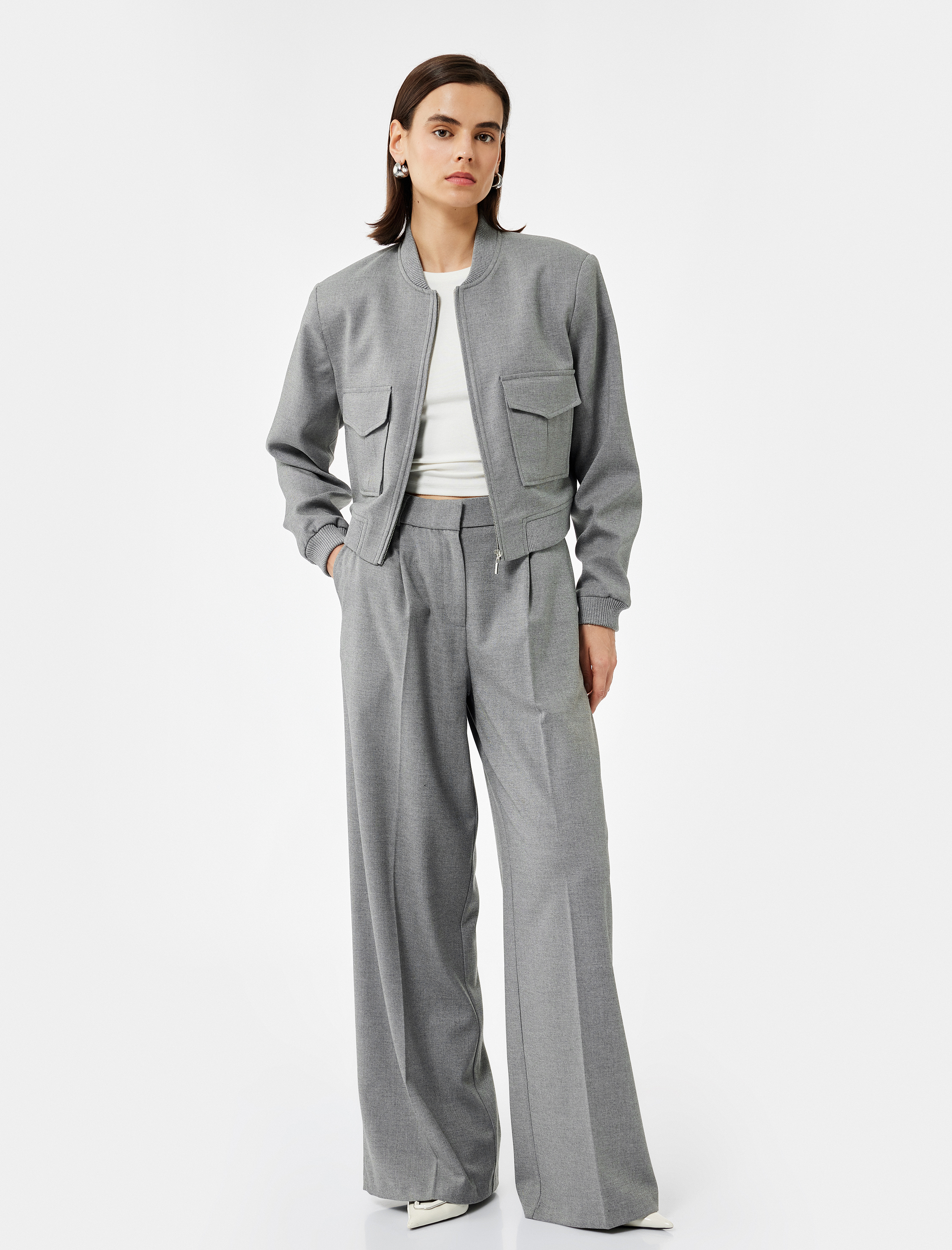   Uzun Kollu Kolej Yaka Cep Detaylı Bomber Ceket