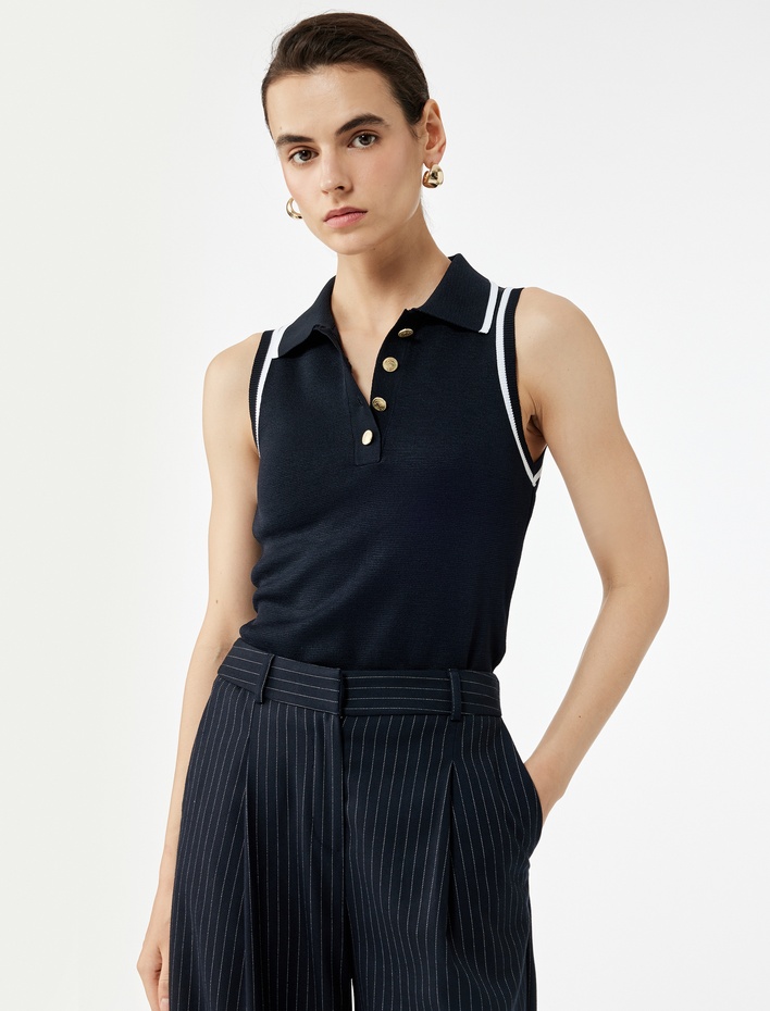  Regular Fit Düğmeli Kolsuz Polo Yaka Triko Bluz