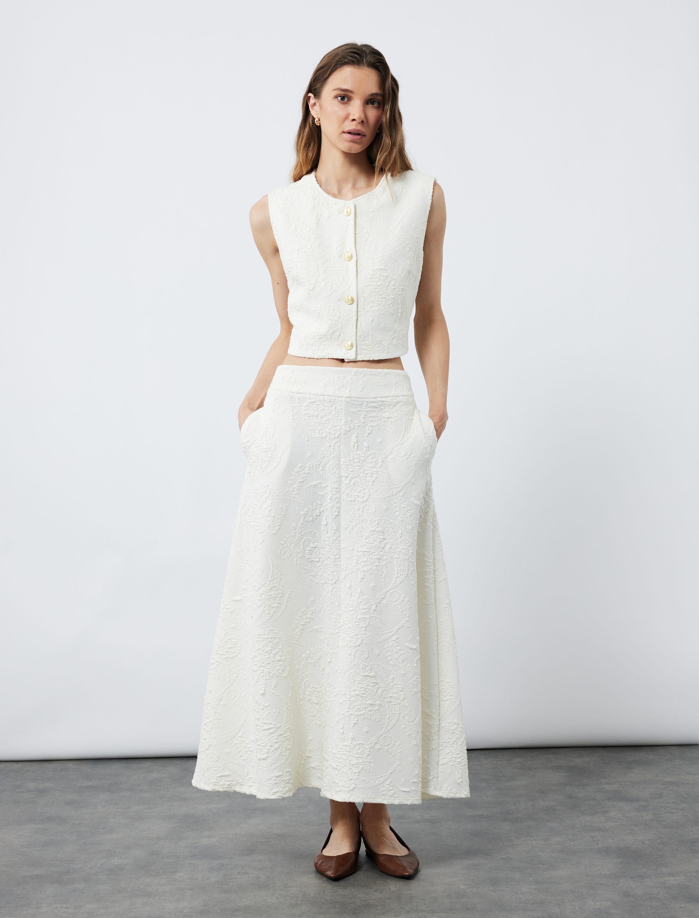   Rahat Kalıp Floral Dokulu Midi Boy Çan Etek