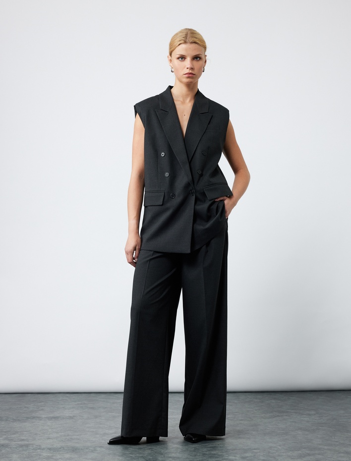  Cepli Pile Detaylı Yüksek Bel Kumaş Palazzo Pantolon