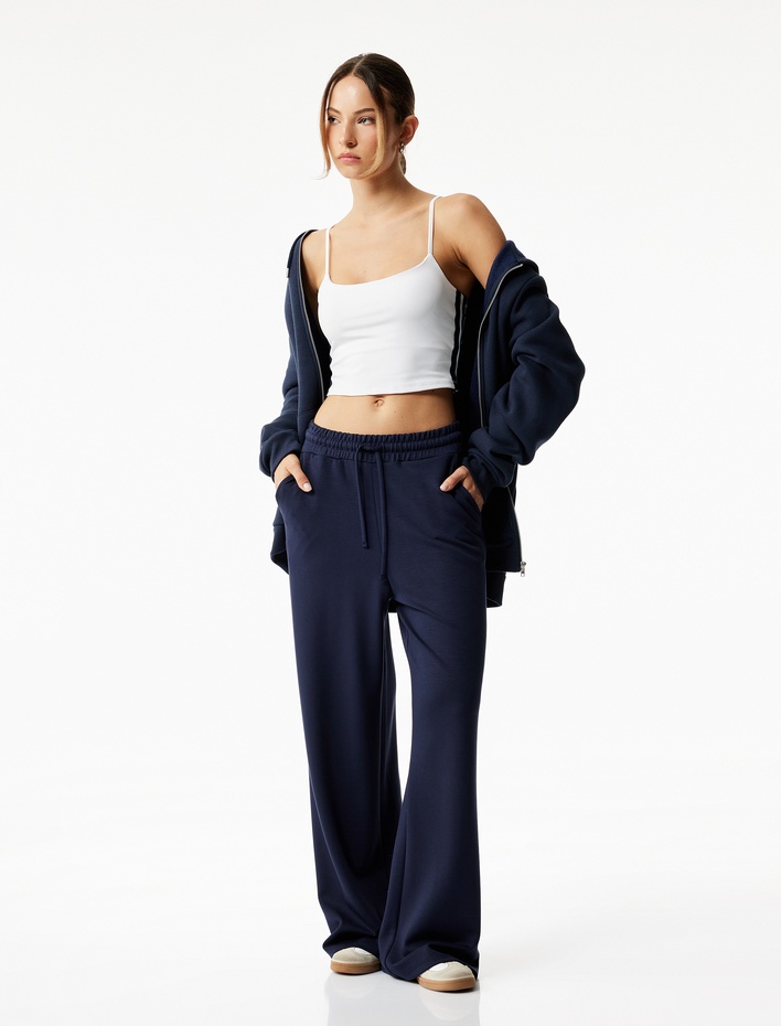  Oversize Yüksek Bel Cep Detaylı Geniş Paça Spor Eşofman Altı