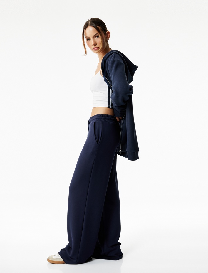  Oversize Yüksek Bel Cep Detaylı Geniş Paça Spor Eşofman Altı