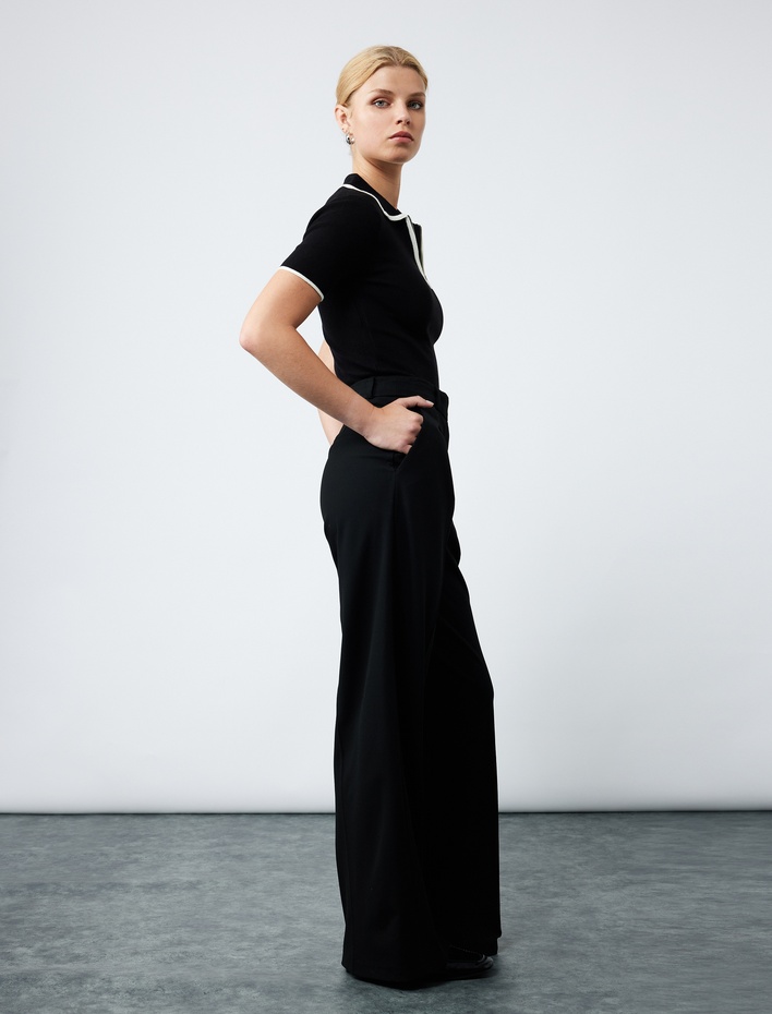  Pile Detaylı Cepli Yüksek Bel Palazzo Pantolon