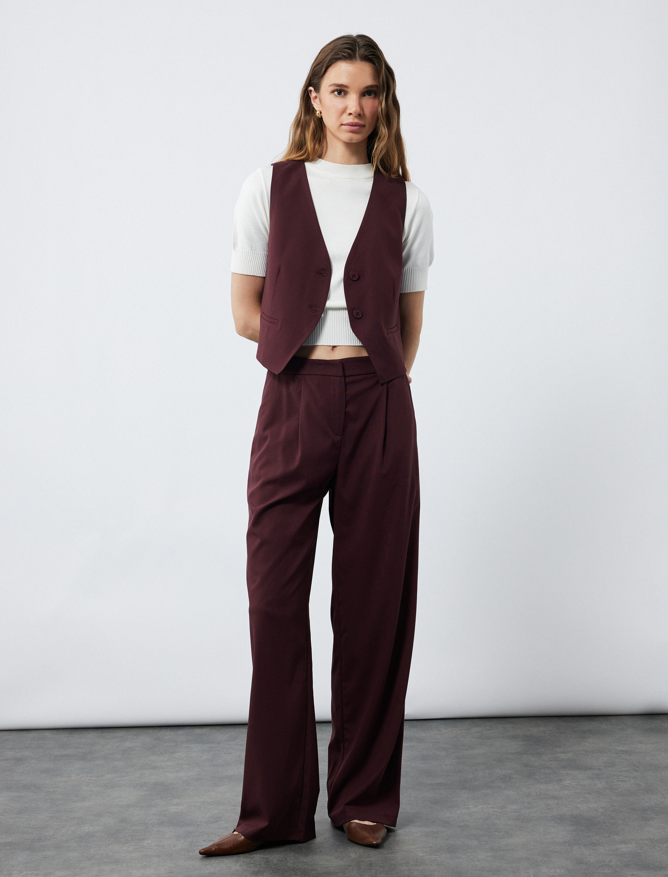   Cepli Pile Detaylı Geniş Paça Kumaş Palazzo Pantolon