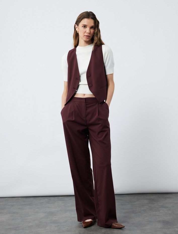  Cepli Pile Detaylı Geniş Paça Kumaş Palazzo Pantolon