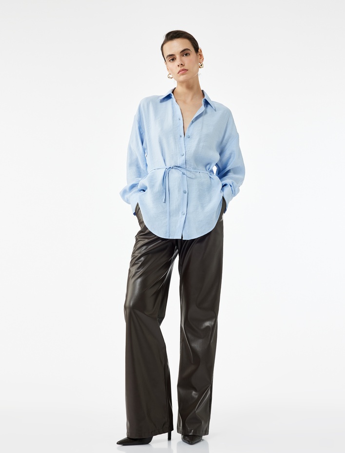  Modal Kumaş Uzun Kollu Beli Bağlama Detaylı Oversize Gömlek