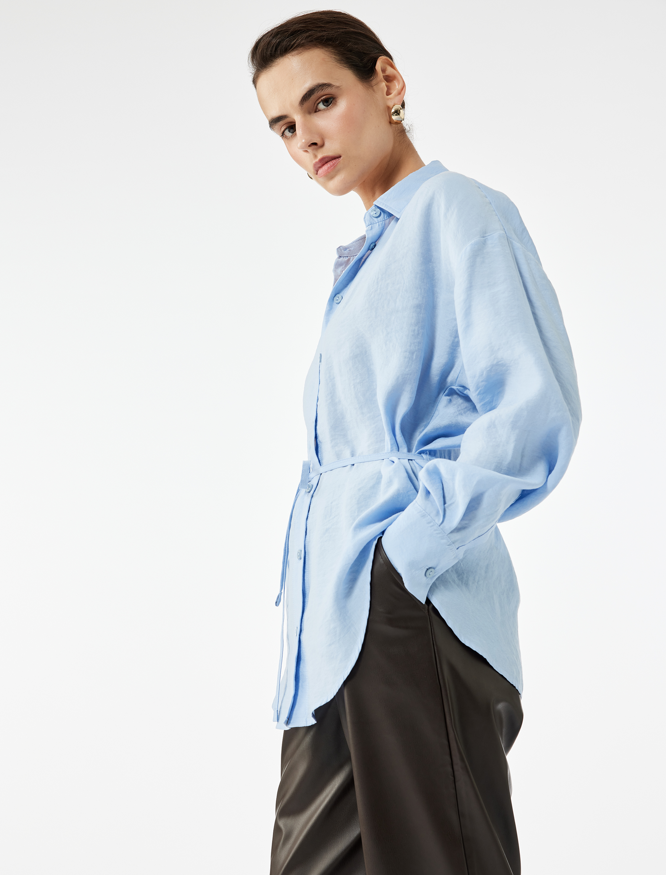   Modal Kumaş Uzun Kollu Beli Bağlama Detaylı Oversize Gömlek