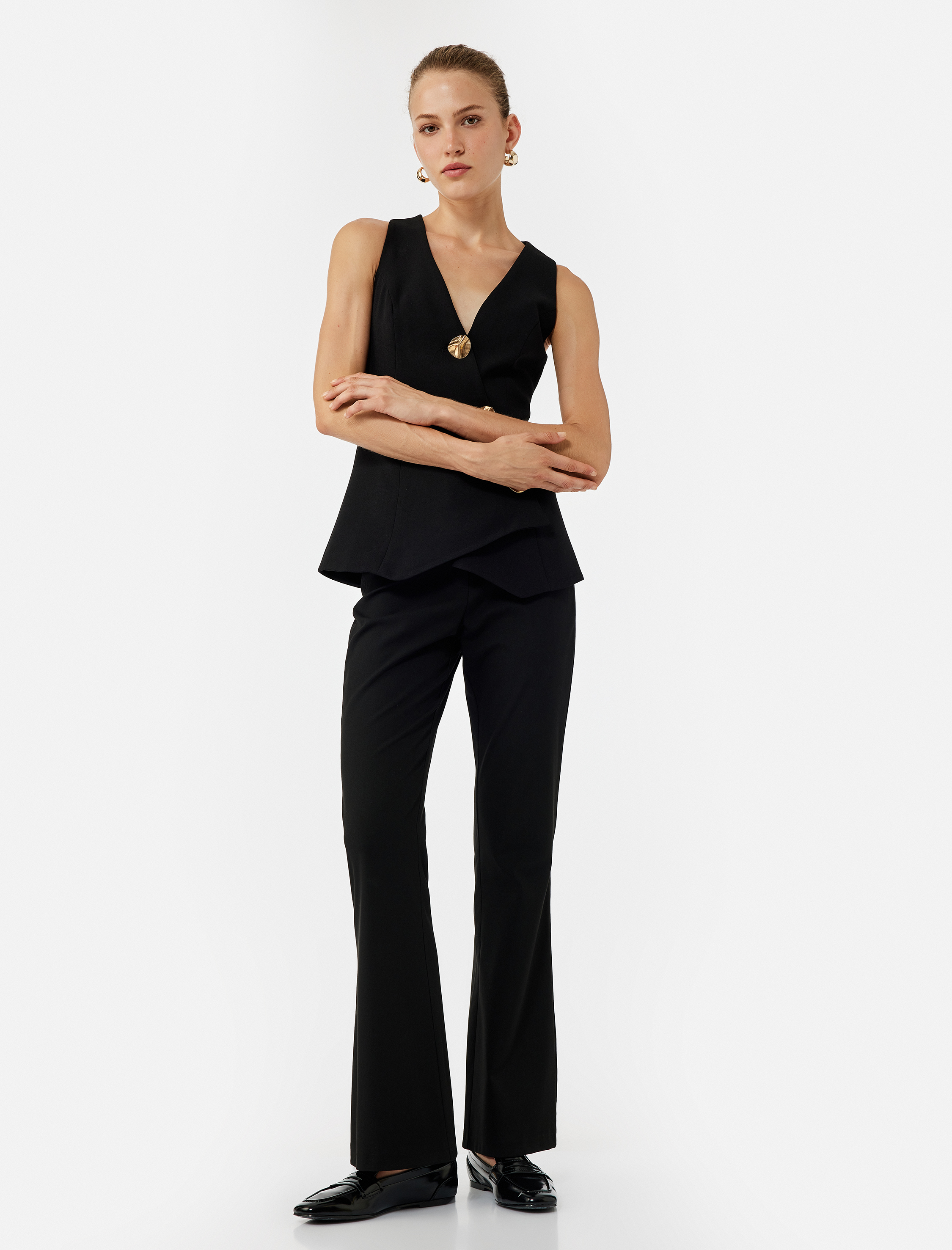   Slim Fit Düğmeli İspanyol Paça Kumaş Pantolon