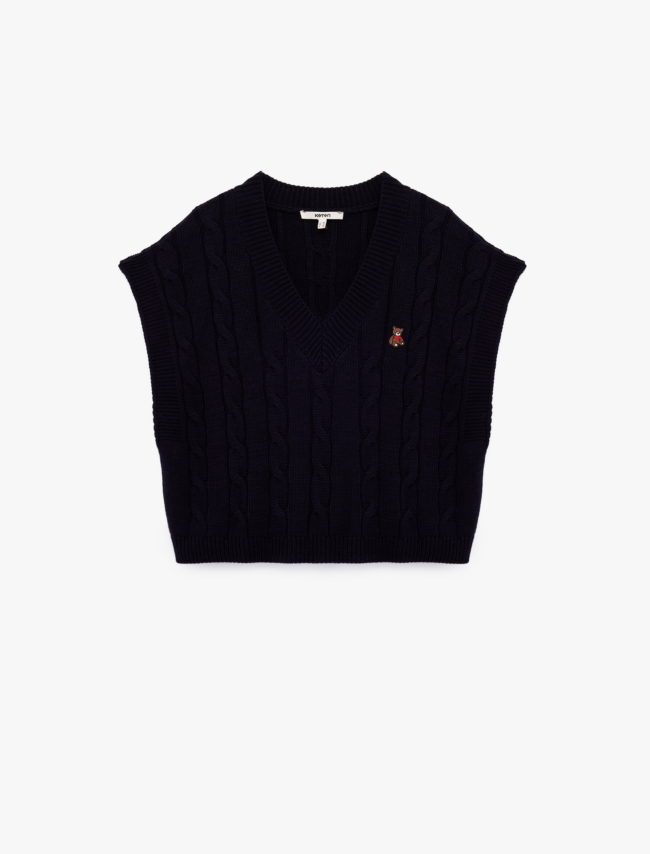   Kolsuz V Yaka Ayıcık İşleme Detaylı Saç Örgü Oversize Süveter