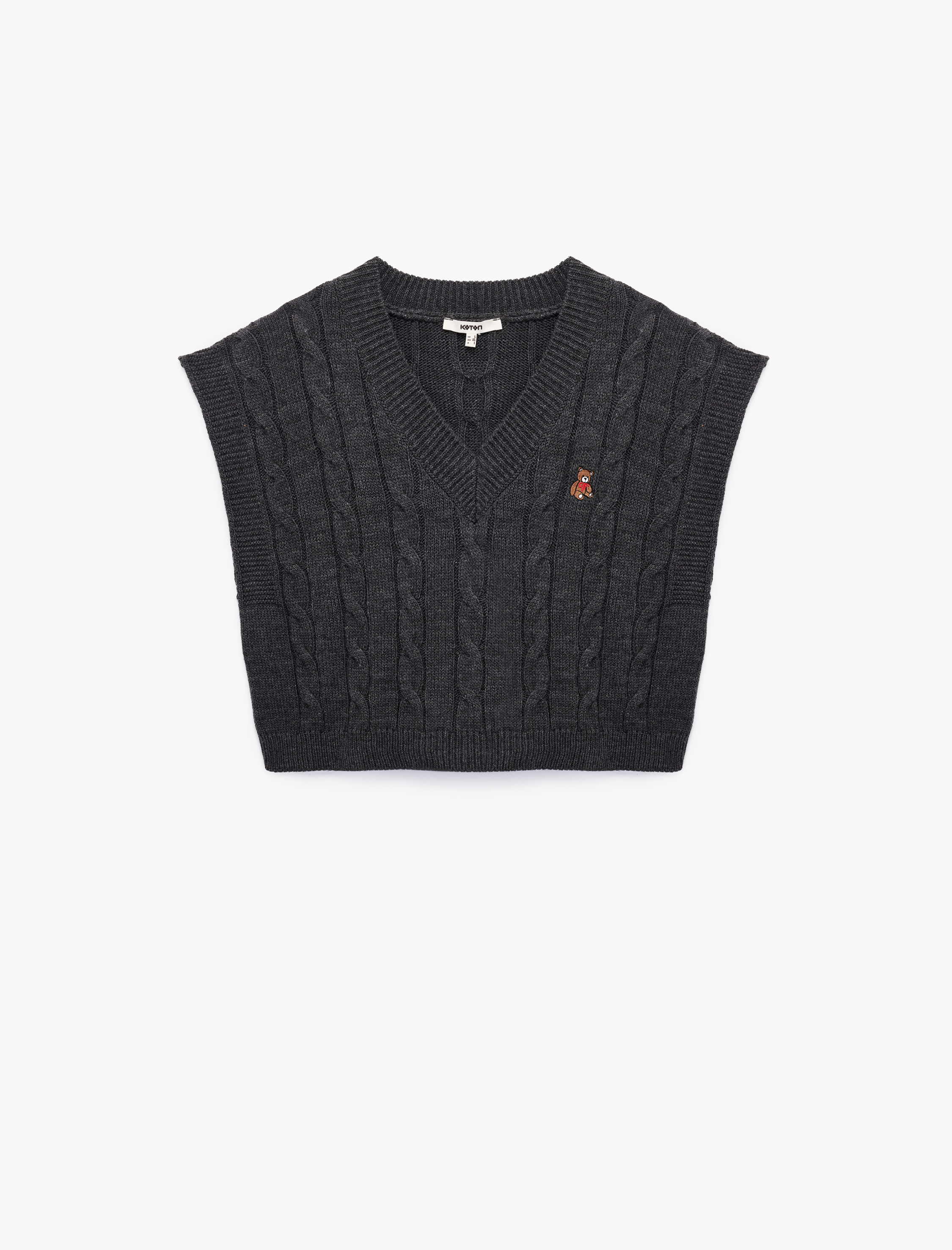   Kolsuz V Yaka Ayıcık İşleme Detaylı Saç Örgü Oversize Süveter