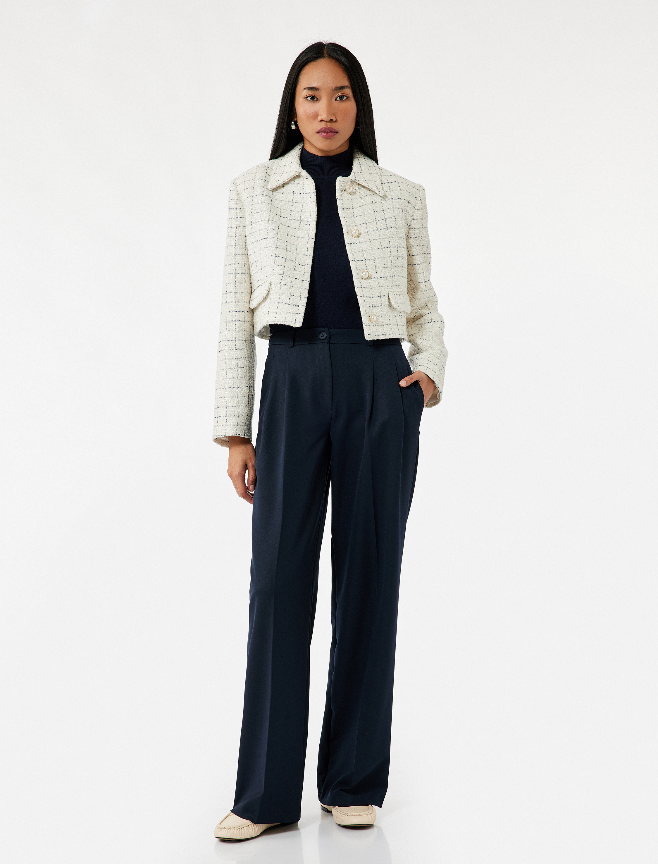   İnci Düğme Detaylı Kareli Kruvaze Uzun Kollu Tüvit Crop Ceket