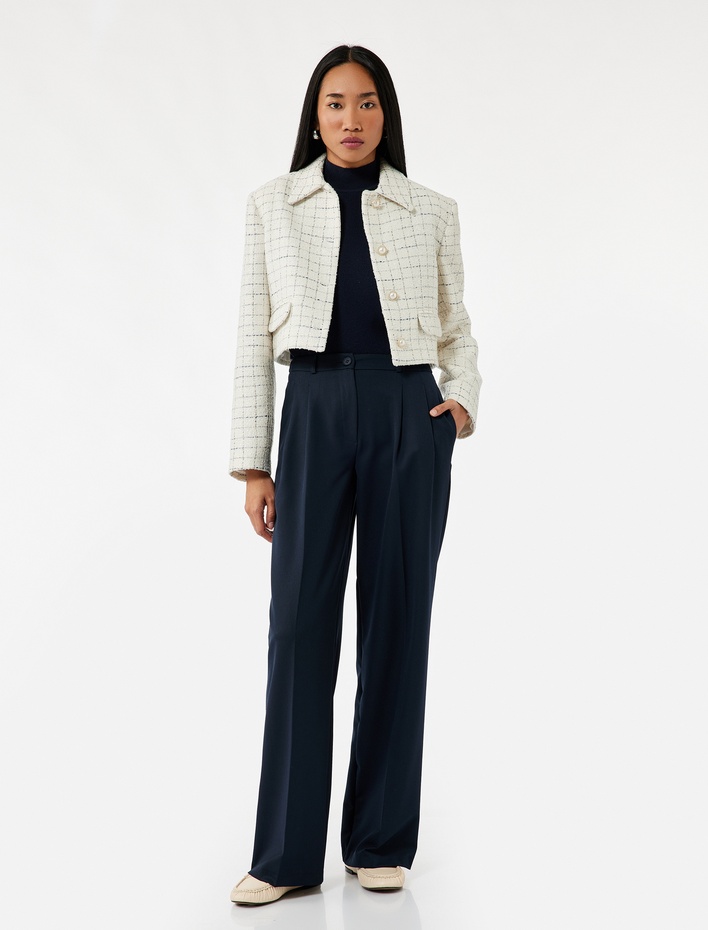  İnci Düğme Detaylı Kareli Kruvaze Uzun Kollu Tüvit Crop Ceket