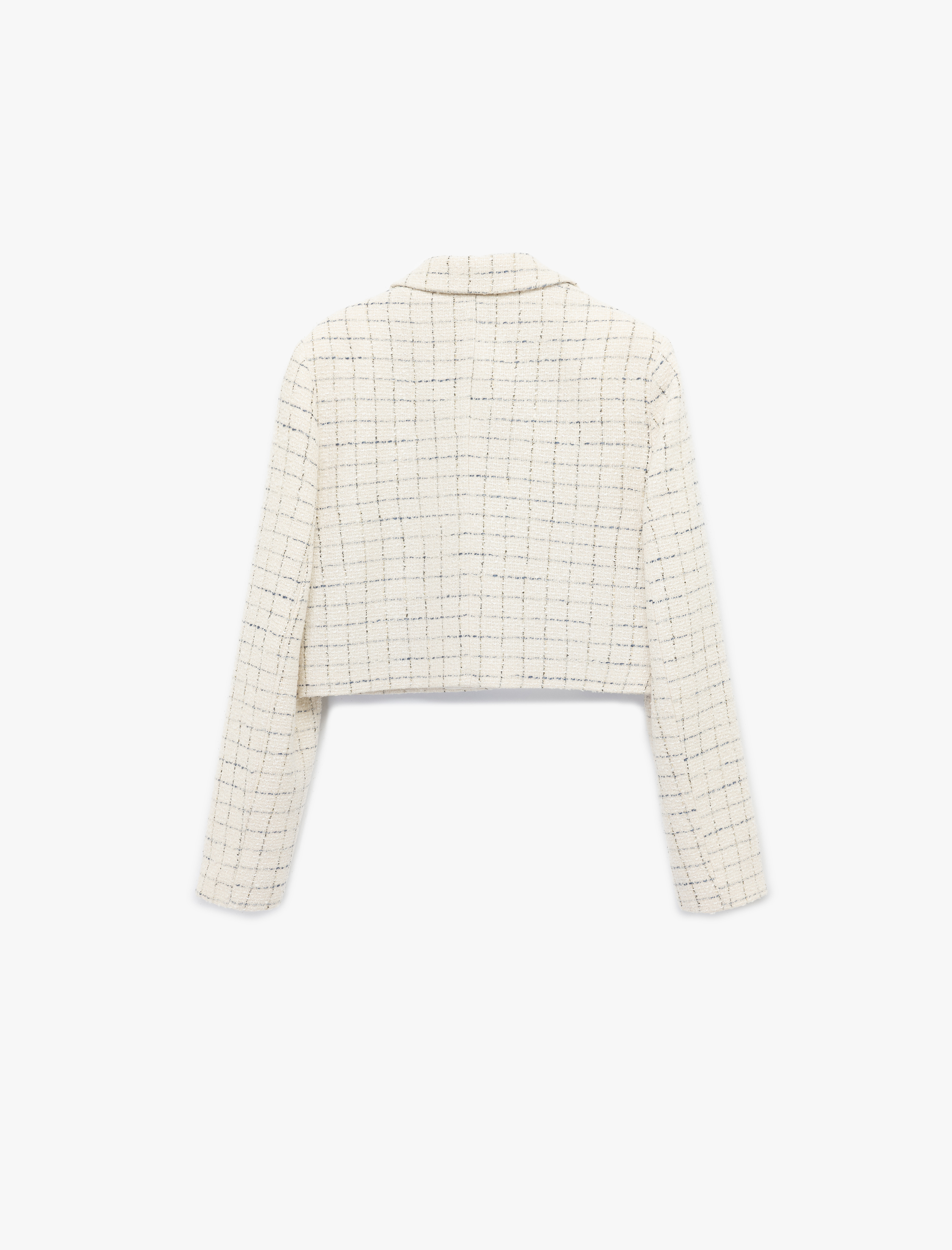   İnci Düğme Detaylı Kareli Kruvaze Uzun Kollu Tüvit Crop Ceket