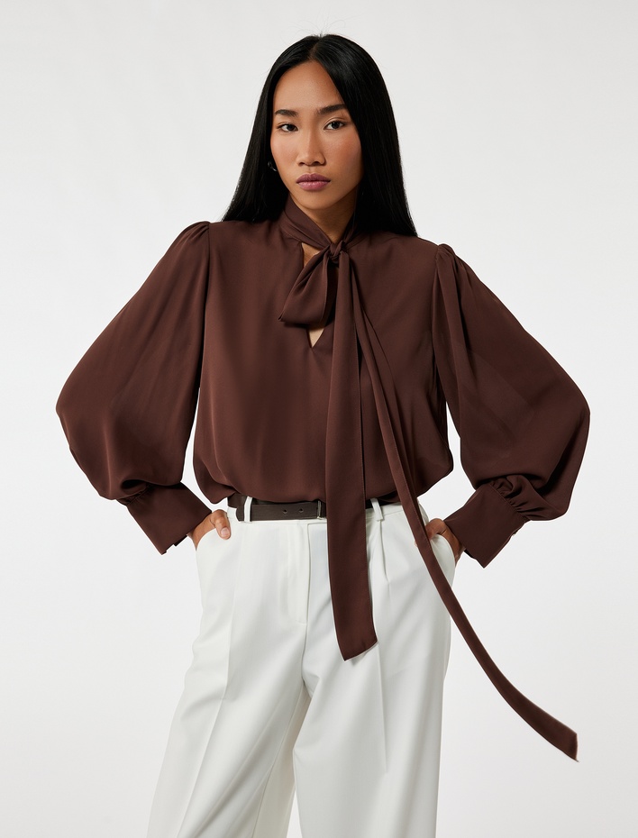  Krep Kumaş Fular Yaka Uzun Kollu Gömlek