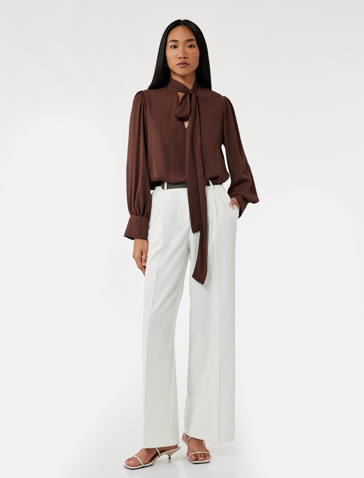  Krep Kumaş Fular Yaka Uzun Kollu Gömlek