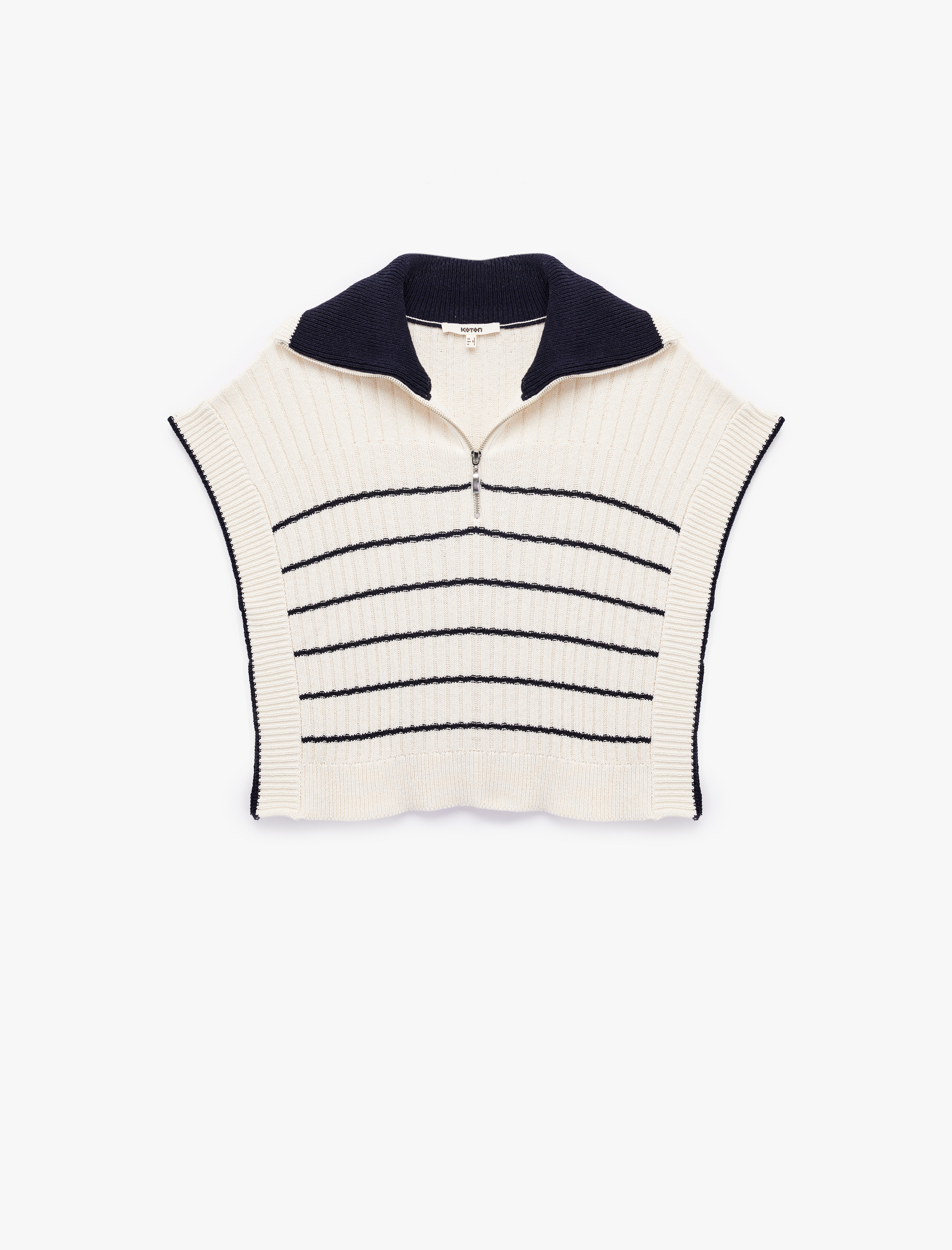   Yanları Yırtmaçlı Yarım Fermuarlı Polo Yaka Çizgili Triko Süveter