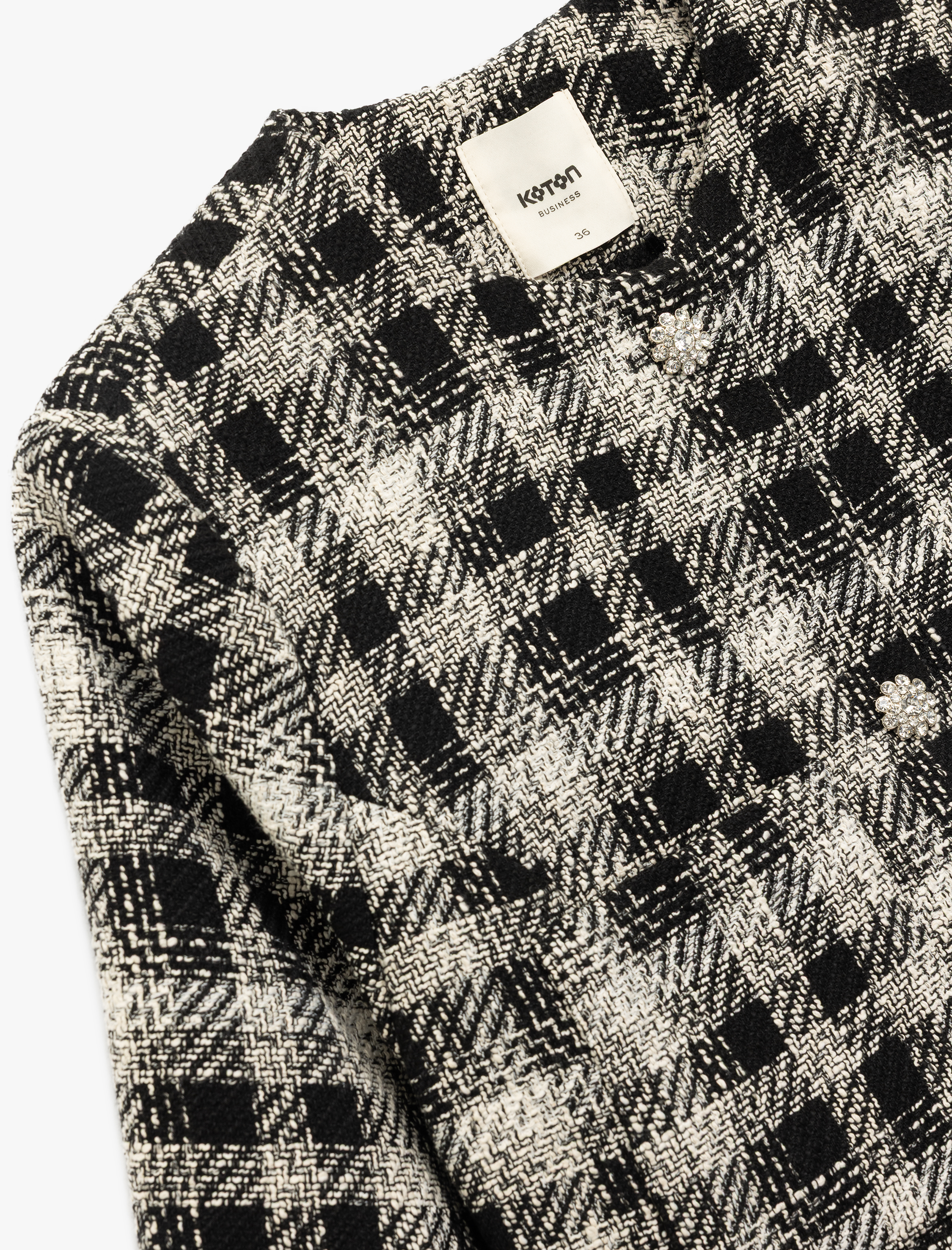   Taşlı Düğme Detaylı Cepli Uzun Kollu Bisiklet Yaka Ekose Tüvit Ceket