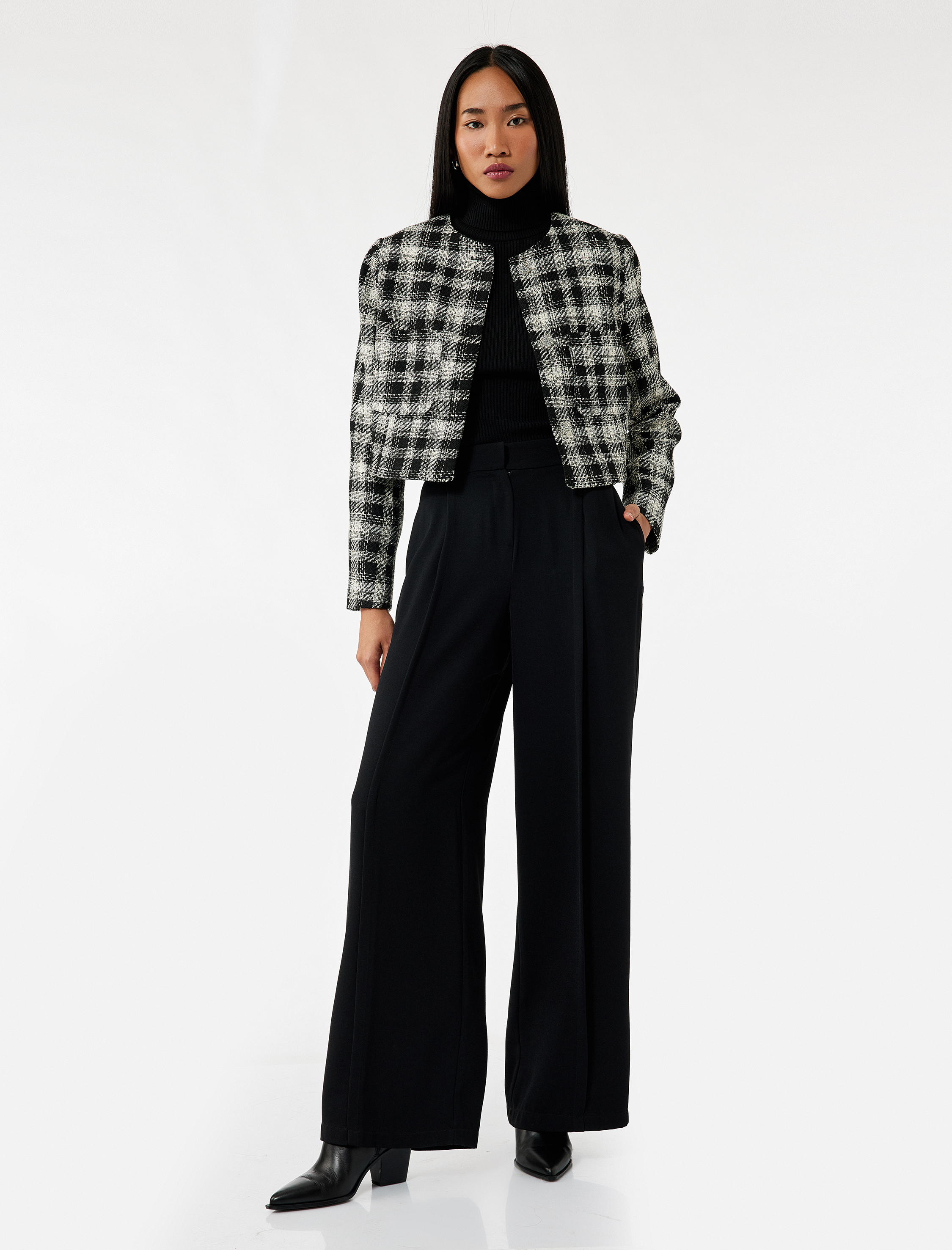   Taşlı Düğme Detaylı Cepli Uzun Kollu Bisiklet Yaka Ekose Tüvit Ceket