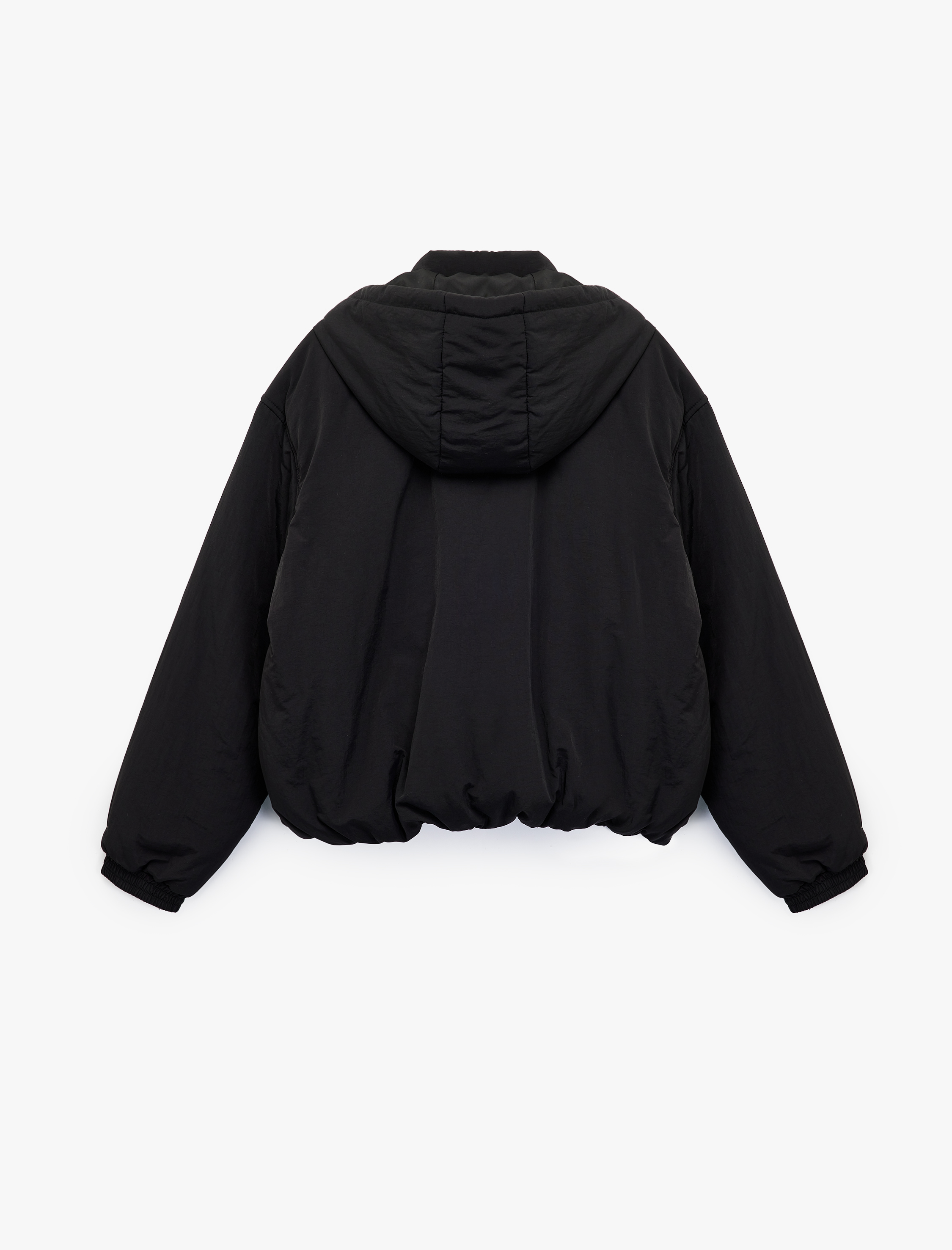   Cepli Fermuarlı Su İtici Uzun Kollu Kapüşonlu Kısa Şişme Mont