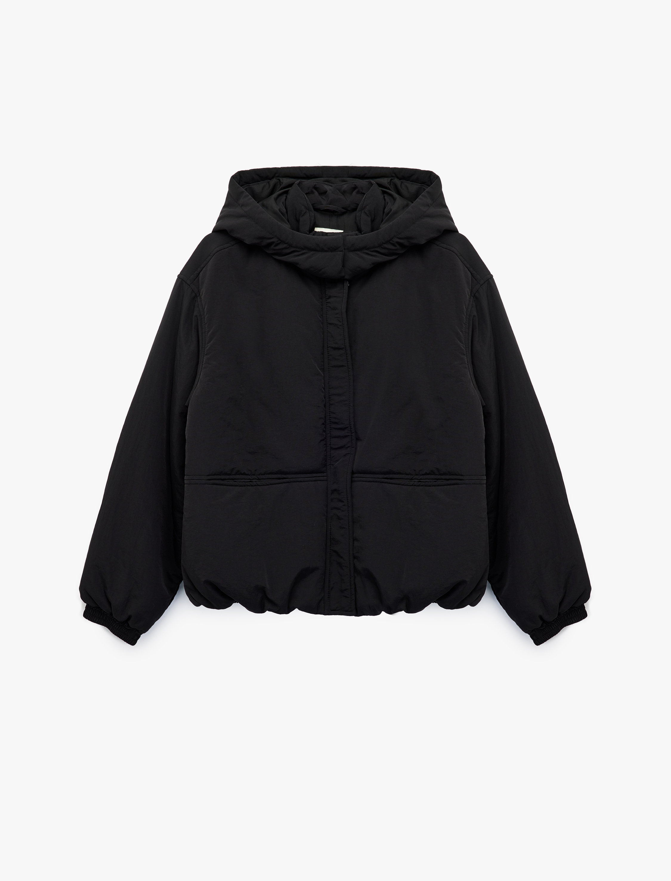   Cepli Fermuarlı Su İtici Uzun Kollu Kapüşonlu Kısa Şişme Mont