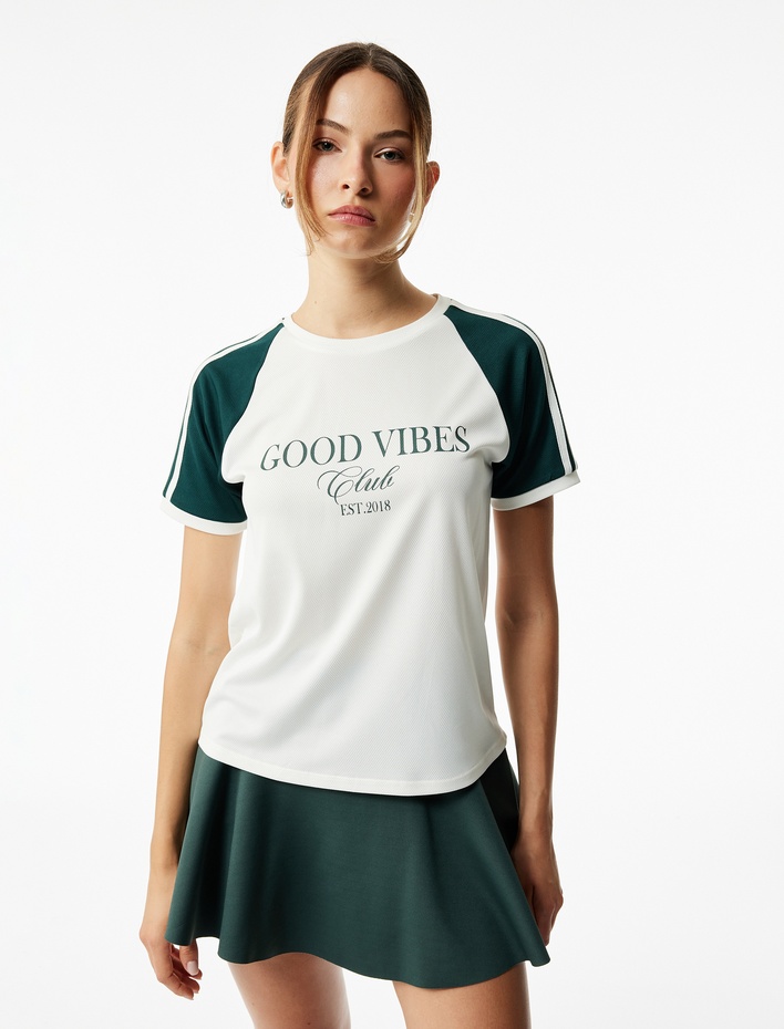  Kısa Kollu Bisiklet Yaka Baskılı Oversize Spor Tişört