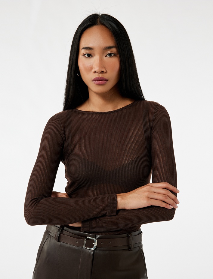  Slim Fit Uzun Kollu Bisiklet Yaka Basic Fitilli Tişört