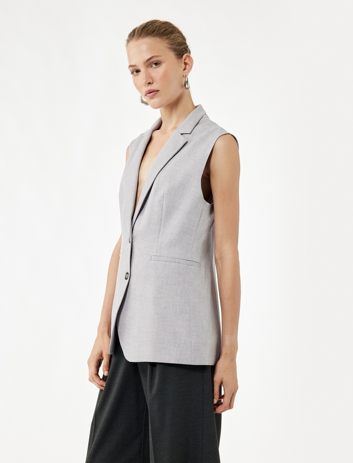  Kruvaze Yaka Kolsuz Uzun Blazer Yelek