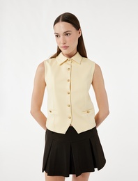 Slim Fit Gold Düğme Detaylı Kolsuz Ceket Yaka Yelek