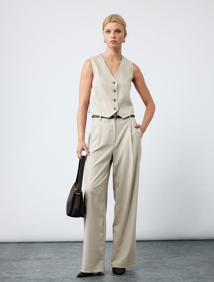  Kemer Detaylı Pileli Cepli Yüksek Bel Palazzo Pantolon