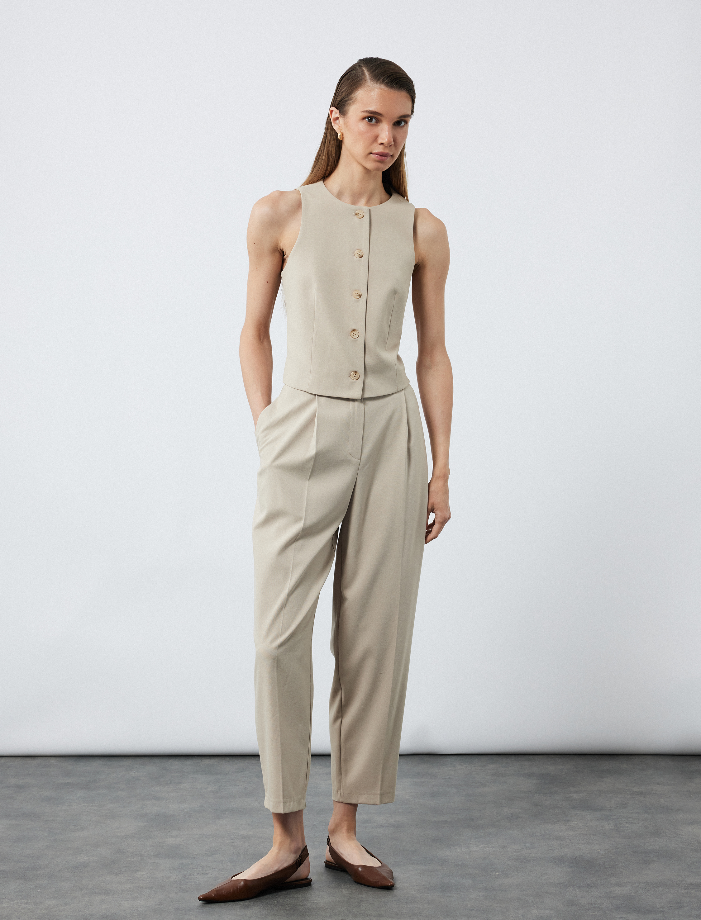   Cepli Pile Detaylı Kemerli Kumaş Cigarette Pantolon